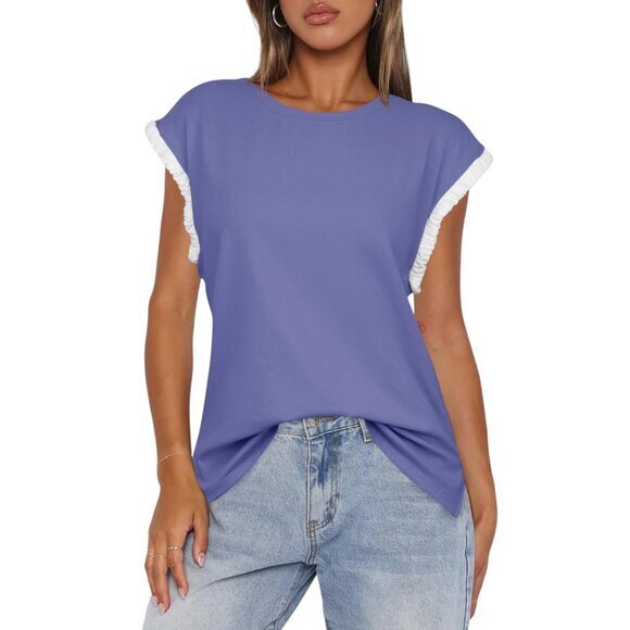 Casual Ruffle Cap Sleeve Crew Neck Tops Blouse Blue Size Small Nwt #0431-Na